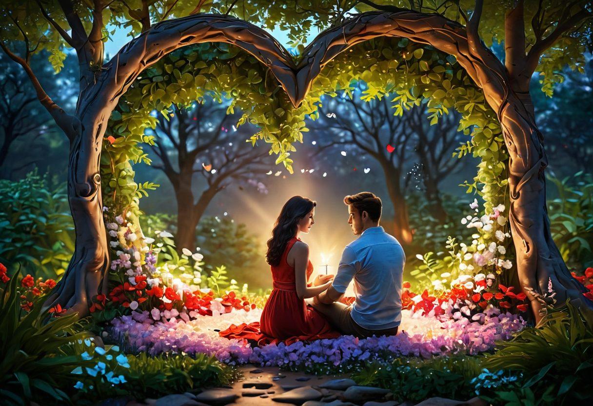 A harmonious blend of a serene couple engaged in an intimate conversation, surrounded by symbols of love like heart shapes and empowering words. Include soft lighting that creates a warm ambiance, while elements of nature like flowers subtly enhance the scene to signify growth and wellness. The background should be calming, illustrating a nurturing environment for personal growth and connection. vibrant colors. super-realistic.