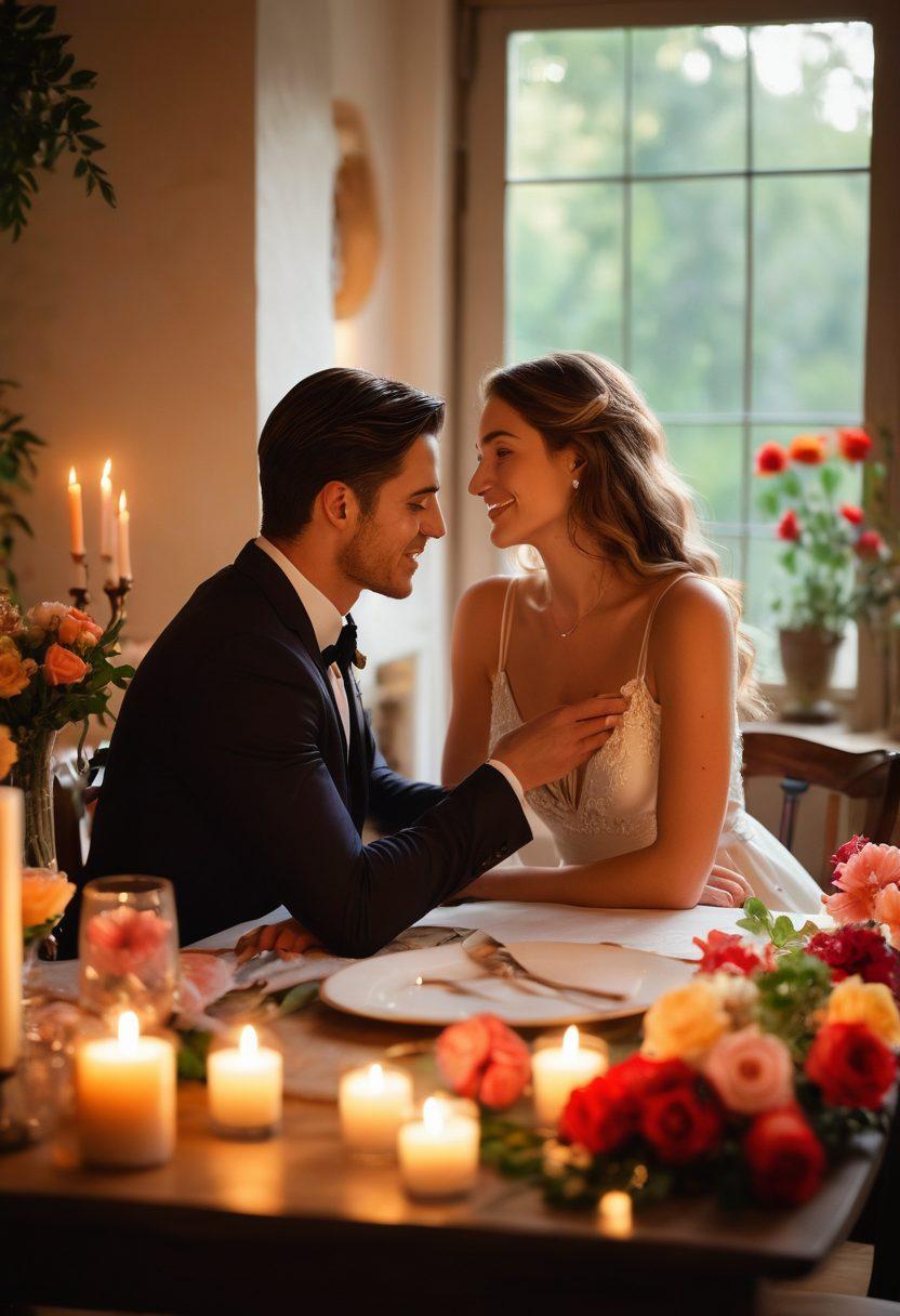 A romantic setting featuring a couple engaged in deep conversation over a beautifully set dinner table, surrounded by soft candlelight and vibrant flowers. In the background, there are symbols of love and connection, such as hearts and infinity signs, floating in the air, creating a magical atmosphere. The couple's expressions depict genuine connection and desire, illustrating the essence of love and intimacy. painting. warm tones. soft focus.
