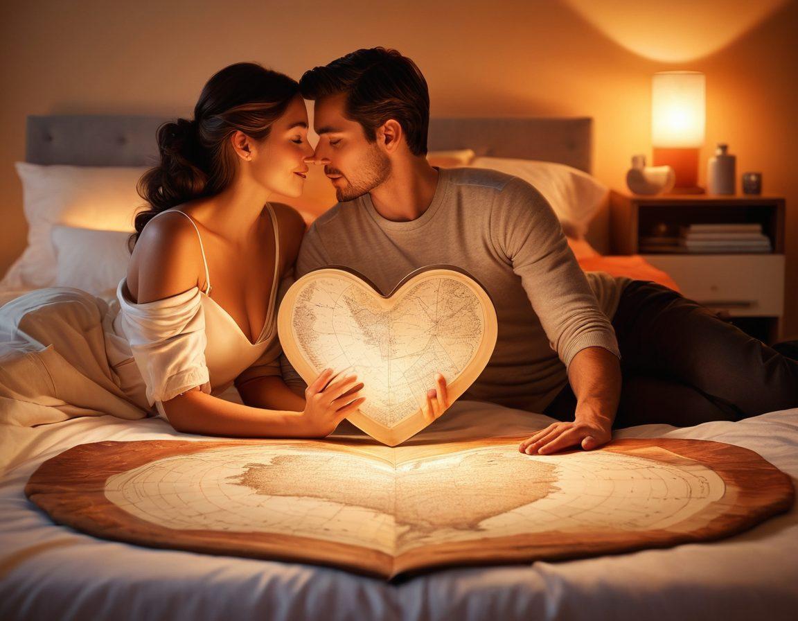 A serene couple in a cozy setting, surrounded by soft, warm lighting, exploring a heart-shaped map symbolizing love and lust. Include elements like open books on relationship advice, scented candles, and soft pillows to evoke comfort and empowerment. The visual should radiate intimacy and trust, with a subtle mix of playful energy. super-realistic. warm color palette. soft focus.